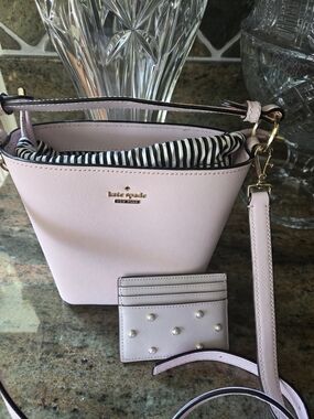 kate spade Light Pink Saffiano Leather Bucket Bag with Pearl Accent Card Holder